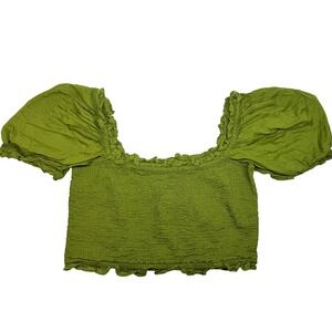 Green Smocked Ruffle‎ Trim Crop Top Puff Sleeve Shirt Cotton Fairy Whimsigoth XL